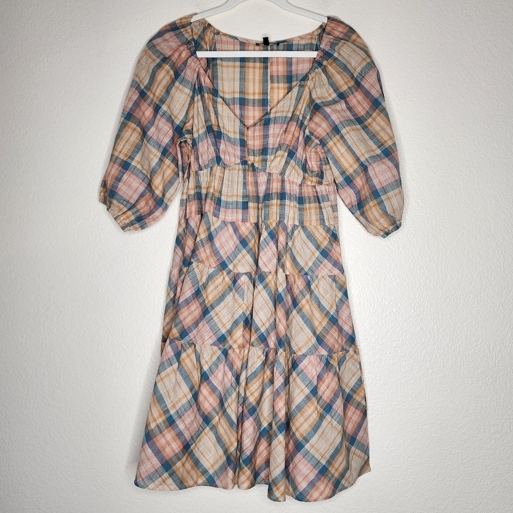 Drew Beige Plaid Tiered Babydoll Country Cottagecore Prairie Dress